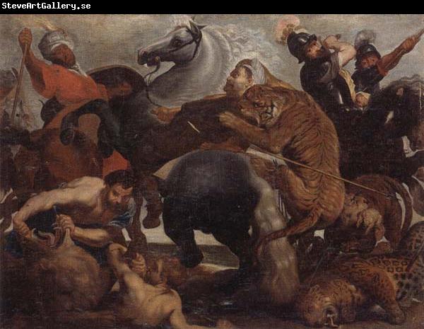 unknow artist A lion,tiger and leopard hunt